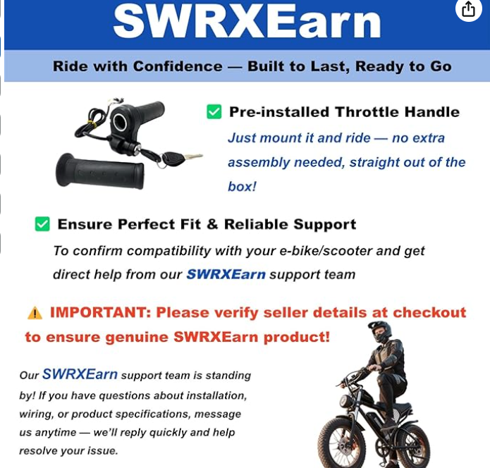 Full Twist Throttle for Ridstar Q20/Q20 Pro Lite, 3-Pin Universal Ebike Throttle Waterproof with 2 Keys, Ebike Full Twist Throttle for Upgrading Electric Scooter Trike Accessories Universal Voltage
